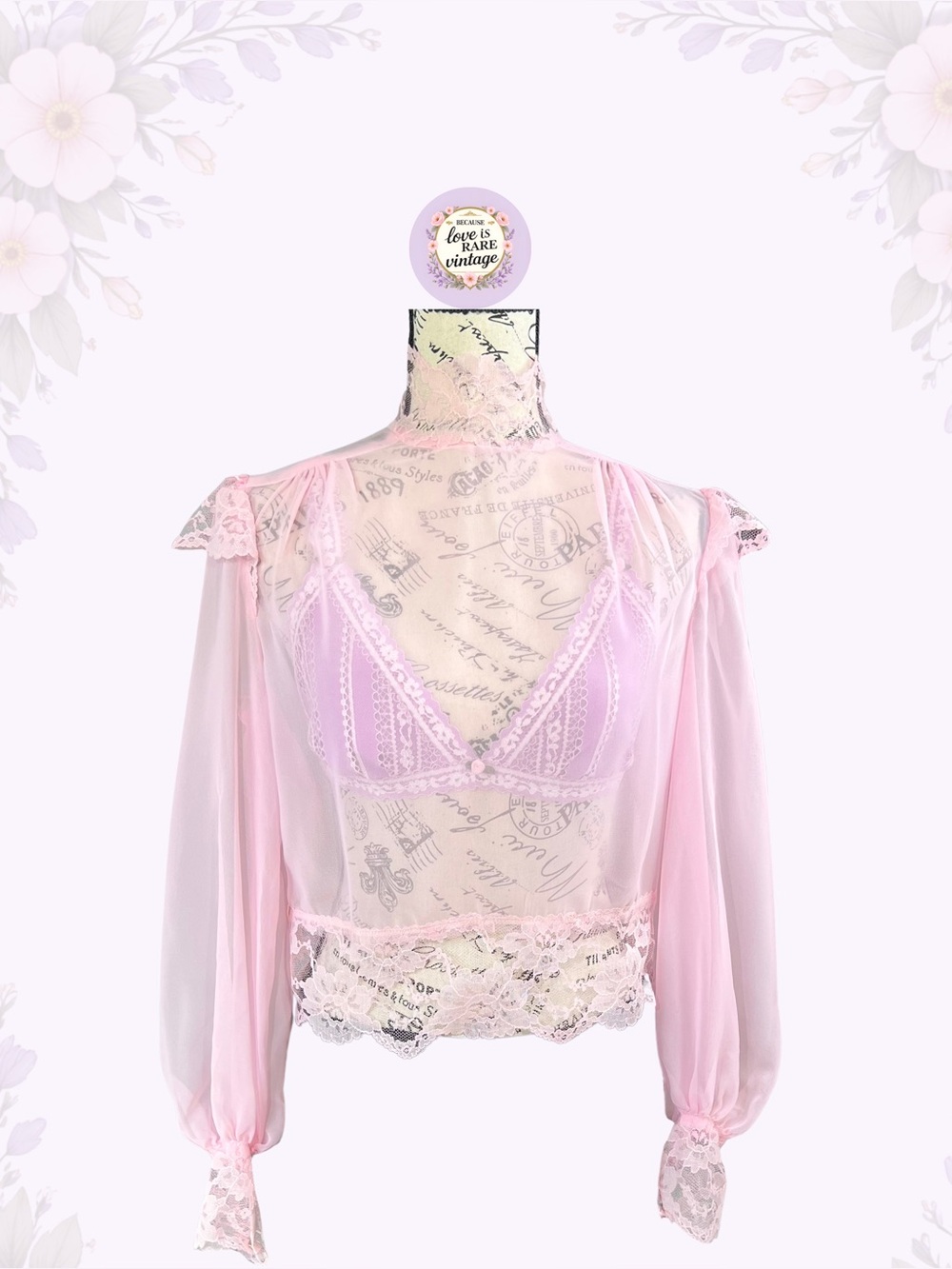 Vintage Light Pink Lace Chiffon Top • 1980s Long Puff Sleeve Prairie Blouse
